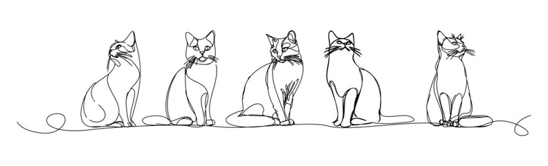 Cat illustration made with continuous lines, a simple linear style and a modern approach. A collection of cats on a white background.