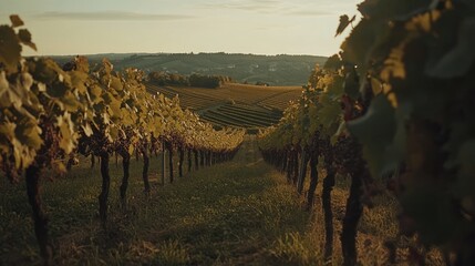 Poster - Vineyard Rows Basking In Golden Sunset Light