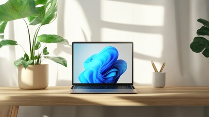 Poster - Laptop Displaying Windows Eleven Interface On Wooden Desk
