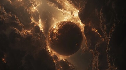 Poster - Fiery Planet Enveloped in Dark Cosmic Clouds