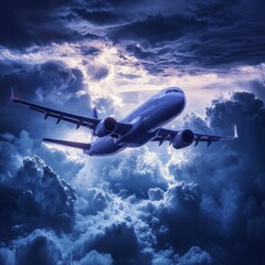 Aufkleber - Skyward journey through dark storm clouds as an airplane navigates turbulent weather in the twilight hours. Generative AI