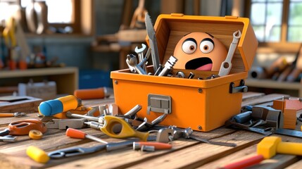 Poster - Surprised Face Inside Orange Tool Box Full Of Tools