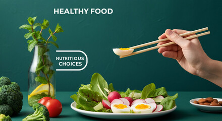 Wall Mural - Healthy food with nutritious choices on the table. Healthy food with eggs and vegetables