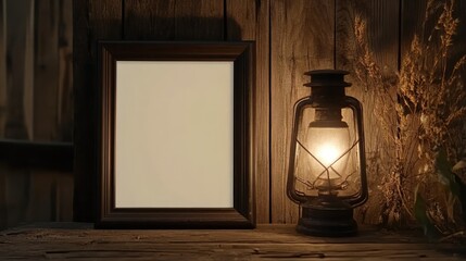 Poster - Rustic Still Life Featuring Frame and Lantern