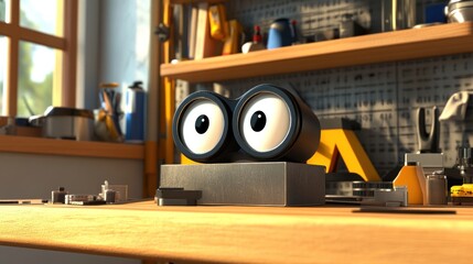 Poster - A curious robot sits on a workbench in a workshop