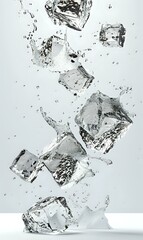 Poster - Clear ice cubes falling with water splashes against light background, dynamic composition with frozen motion and droplets for beverage and refreshment concepts.