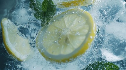 Poster - Lemon slices and mint leaves in ice water