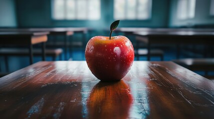 Poster - A Red Apple Sits On A Wooden Desk In A Classroom