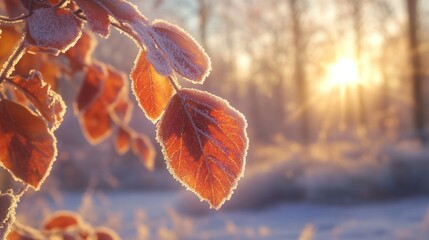 Poster - Frost Covered Autumn Leaves Glowing In Sunrise