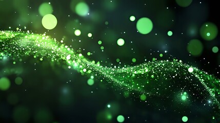 Poster - glowing green particles forming dynamic wave pattern against dark background with bokeh light effect
