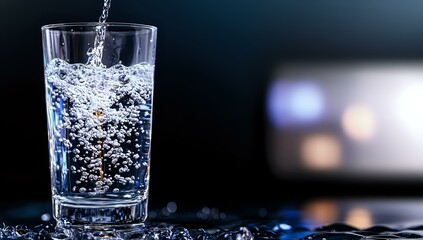 Aufkleber - Clear glass filled with sparkling water and dynamic splash against dark background with bokeh lights, refreshing drink photography for beverage advertising.