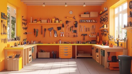 Aufkleber - Bright Orange Workshop Filled With Various Tools And Supplies