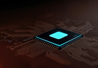 Poster - Close-up of glowing microchip on circuit board