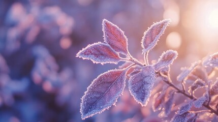 Poster - Frost Covered Leaves Glimmering In Sunrise Light