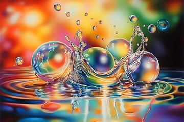 Poster - Vibrant Abstract Soap Bubbles Splashing In Colorful Fluid Art Background : Generative AI