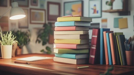 Poster - Colorful books stacked on a wooden desk under a lamp