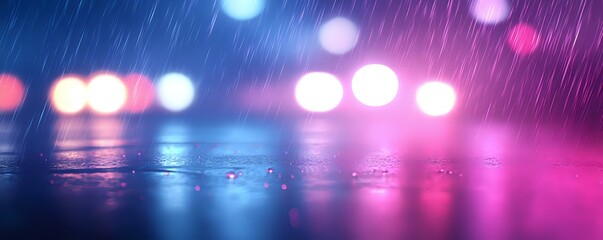 Poster - Vibrant neon lights reflect on wet surface during rain with pink and blue bokeh effects creating dreamy urban nightscape atmosphere.