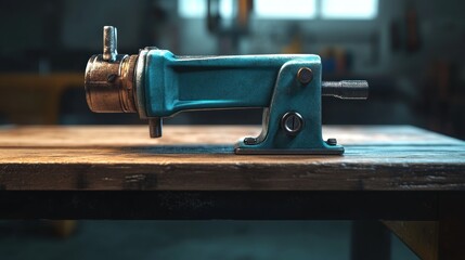Aufkleber - Teal Metal Vise Rests on Weathered Wooden Table