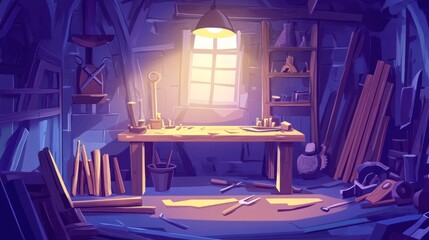 Aufkleber - A dimly lit woodworkers workshop filled with tools and lumber