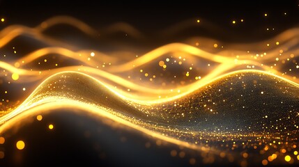 Fototapete - Abstract Golden Light Waves Glittering in Dark Digital Horizon with Bokeh Effect : Generative AI