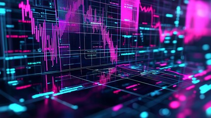 Poster - Abstract Neon Financial Graphs Representing Stock Market Volatility and Data Visualization : Generative AI