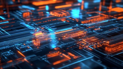 Fototapete - Futuristic Circuit Technology with Orange and Blue Light Patterns : Generative AI