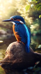 Poster - Majestic Kingfisher Perched on Rock Above Serene Rippling Water in Sunlit Surroundings : Generative AI