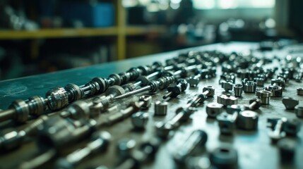 Poster - Metal parts scattered on a workbench surface