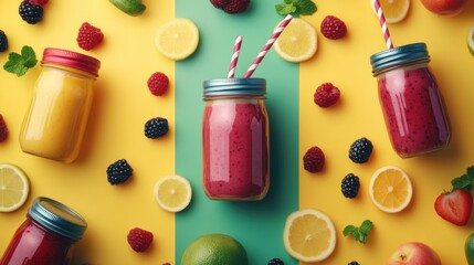 Poster - Colorful Smoothies Jars with Fresh Fruits and Berries