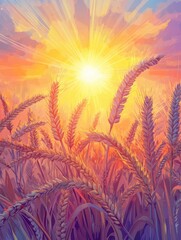 Poster - Rays of sunlight illuminate golden wheat fields at sunset in a serene rural landscape. Generative AI