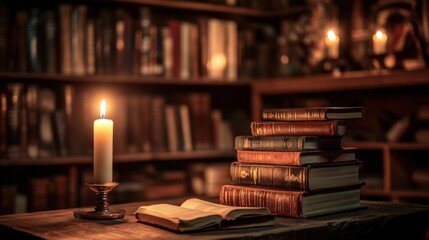 Poster - A Candlelit Library Scene With Antique Books