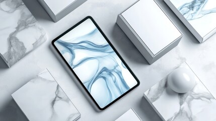 Poster - Tablet Displaying Abstract Blue Marble Design On White Surface