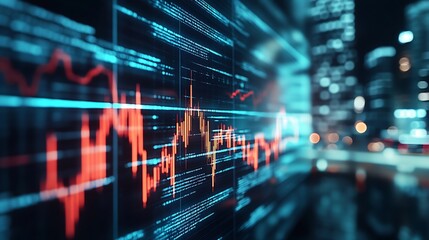 Poster - Illuminated Stock Market Digital Display with City Background at Night : Generative AI