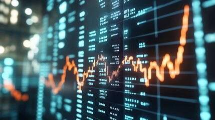 Fototapete - Dynamic Stock Market Data on High Resolution Digital Display in Blue and Orange : Generative AI