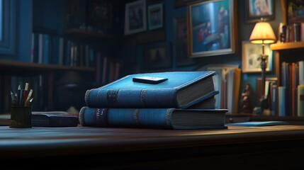 Poster - Stacked Books Resting On A Wooden Desk In A Study
