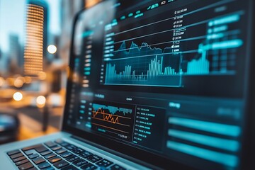 Poster - Laptop with Advanced Financial Trading Software in Cityscape Background : Generative AI