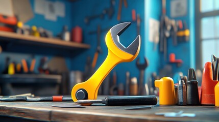 Poster - Yellow Wrench on a Workbench in a Workshop