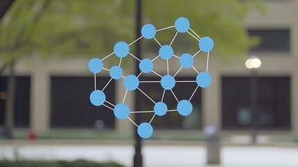 Fototapete - Abstract Digital Network Structure with Blue Nodes Against Modern Urban Backdrop : Generative AI