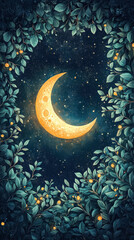 Wall Mural - painting of a moon and leaves with a blue sky background. the moon is orange and the leaves are gree