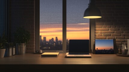 Poster - Sunset Cityscape View From Modern Home Office