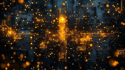 Aufkleber - High Tech Circuit Board Abstract Illuminated by Floating Orange Lights : Generative AI