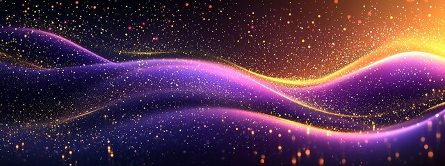 Fototapete - Elegant Abstract Gold and Purple Wavy Background with Sparkling Particles : Generative AI