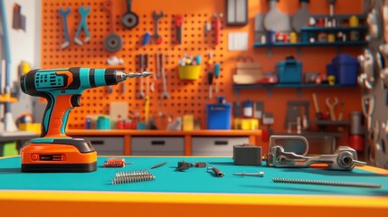 Poster - Orange and Teal Cordless Drill on Workshop Table