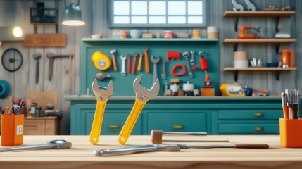 Poster - Two Yellow Handled Wrenches On A Workshop Bench