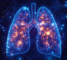 Poster - Illuminated Digital Lung Concept Over Starry Cosmic Background for Future Health and Tech Illustrations : Generative AI