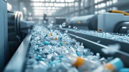 Poster - Plastic Recycling Plant Conveyor Belt Shows Shredded Bottles