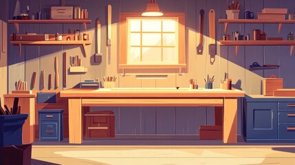 Aufkleber - Sunlit Woodworking Workshop Interior Scene