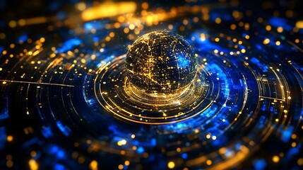 Aufkleber - Glowing Digital Globe Encircled by Blue and Gold Light Streams Representing Advanced Technology : Generative AI