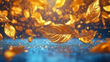 Aufkleber - Sparkling Gold Leaves on Glittering Blue Surface in Abstract Art : Generative AI