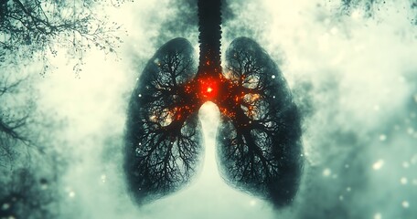 Aufkleber - Abstract Artistic Illustration of Lungs with Mystical Connections and Glowing Elements : Generative AI